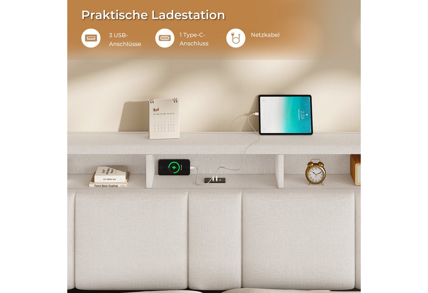 MSMASK Polsterbett 90×200cm, Bett mit Steckdosen & LED Beleuchtung, Stauraum und Kopfteil (Ohne Matratze) – Bild 4 von 5