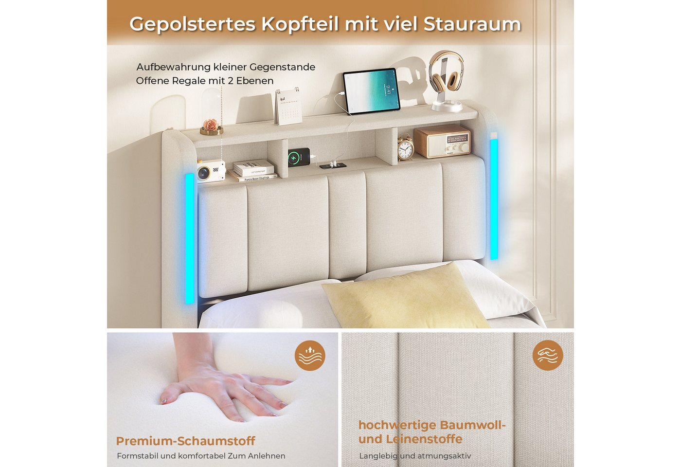 MSMASK Polsterbett 90×200cm, Bett mit Steckdosen & LED Beleuchtung, Stauraum und Kopfteil (Ohne Matratze) – Bild 5 von 5