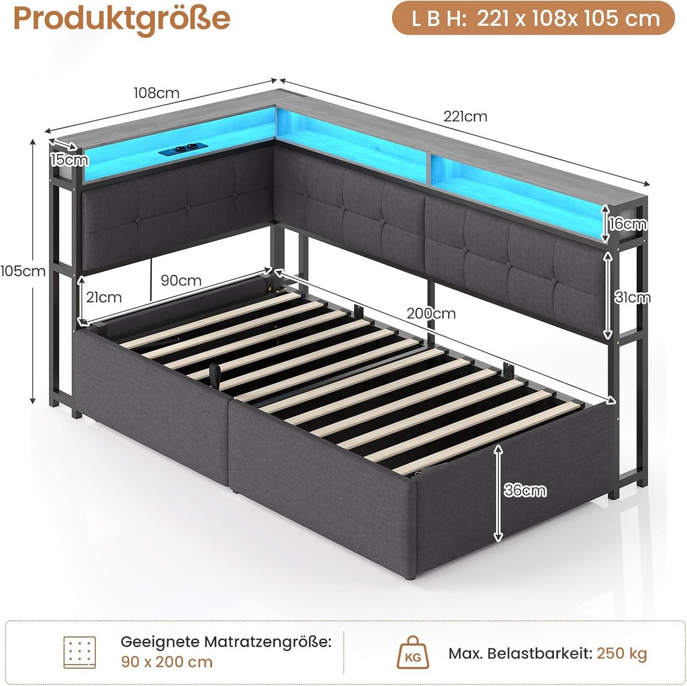 MSMASK Polsterbett Daybett, Jugendbett mit LED-Beleuchtung, Ladefunktion, Zweistöckiges Ablagefach – Bild 2 von 5