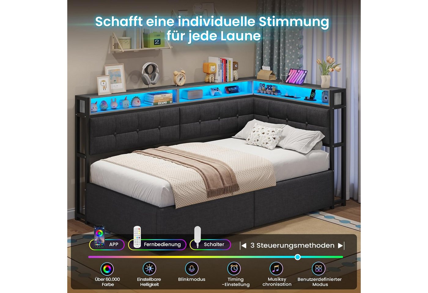 MSMASK Polsterbett Daybett, Jugendbett mit LED-Beleuchtung, Ladefunktion, Zweistöckiges Ablagefach – Bild 3 von 5