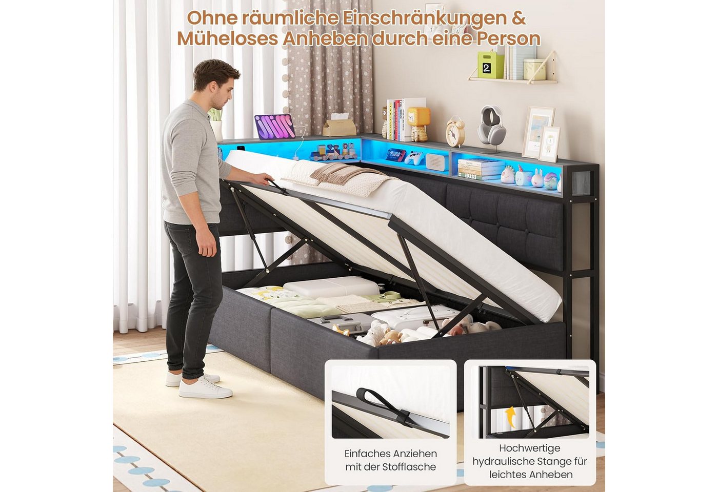 MSMASK Polsterbett Daybett, Jugendbett mit LED-Beleuchtung, Ladefunktion, Zweistöckiges Ablagefach – Bild 4 von 5