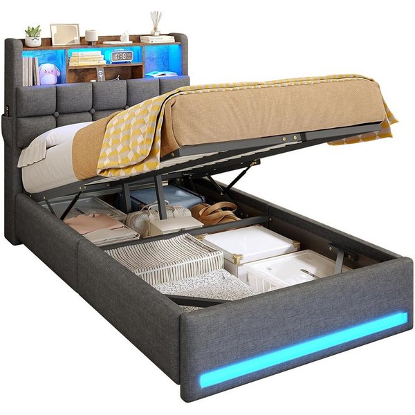 MSMASK Polsterbett Hydraulisches Stauraumbett mit LED-Bleuchtung, 90X200 cm (1-tlg., Ohne Matratze), Jugendbett mit USB- und Type-C-Anschlüsse, Leinenstoff