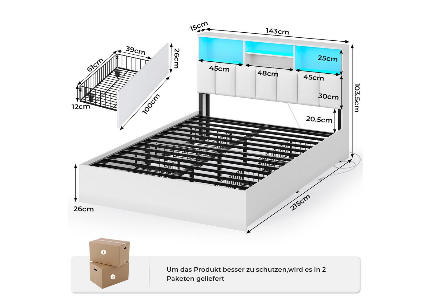 MSMASK Polsterbett Jugendbett, 140×200 cm mit Ladestation und LED-Beleuchtung (Ohne Matratze), Doppelbett mit 4 Schubladen – Bild 2 von 5