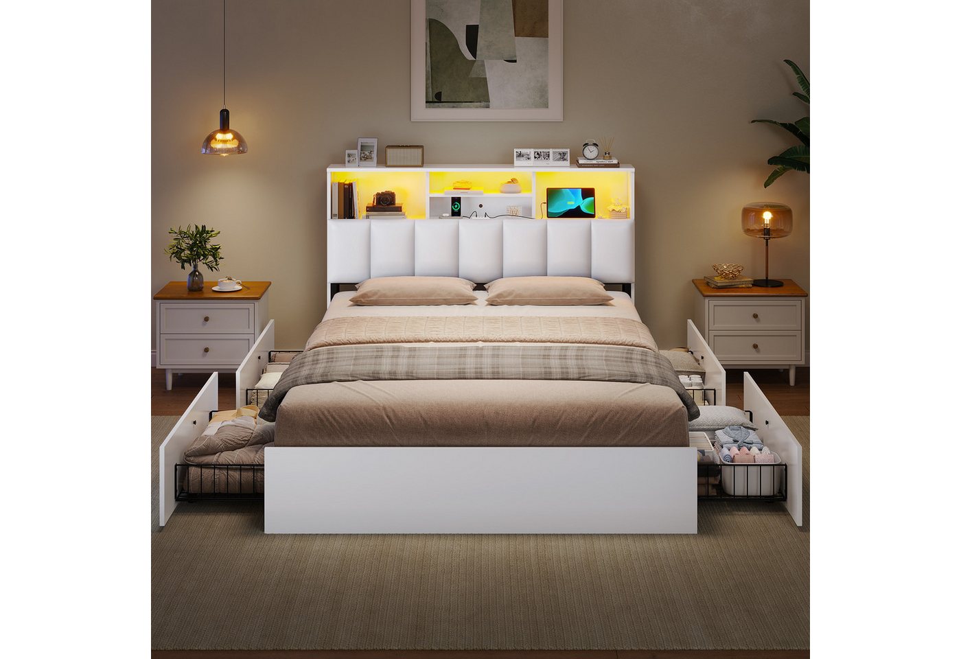 MSMASK Polsterbett Jugendbett, 140×200 cm mit Ladestation und LED-Beleuchtung (Ohne Matratze), Doppelbett mit 4 Schubladen – Bild 3 von 5