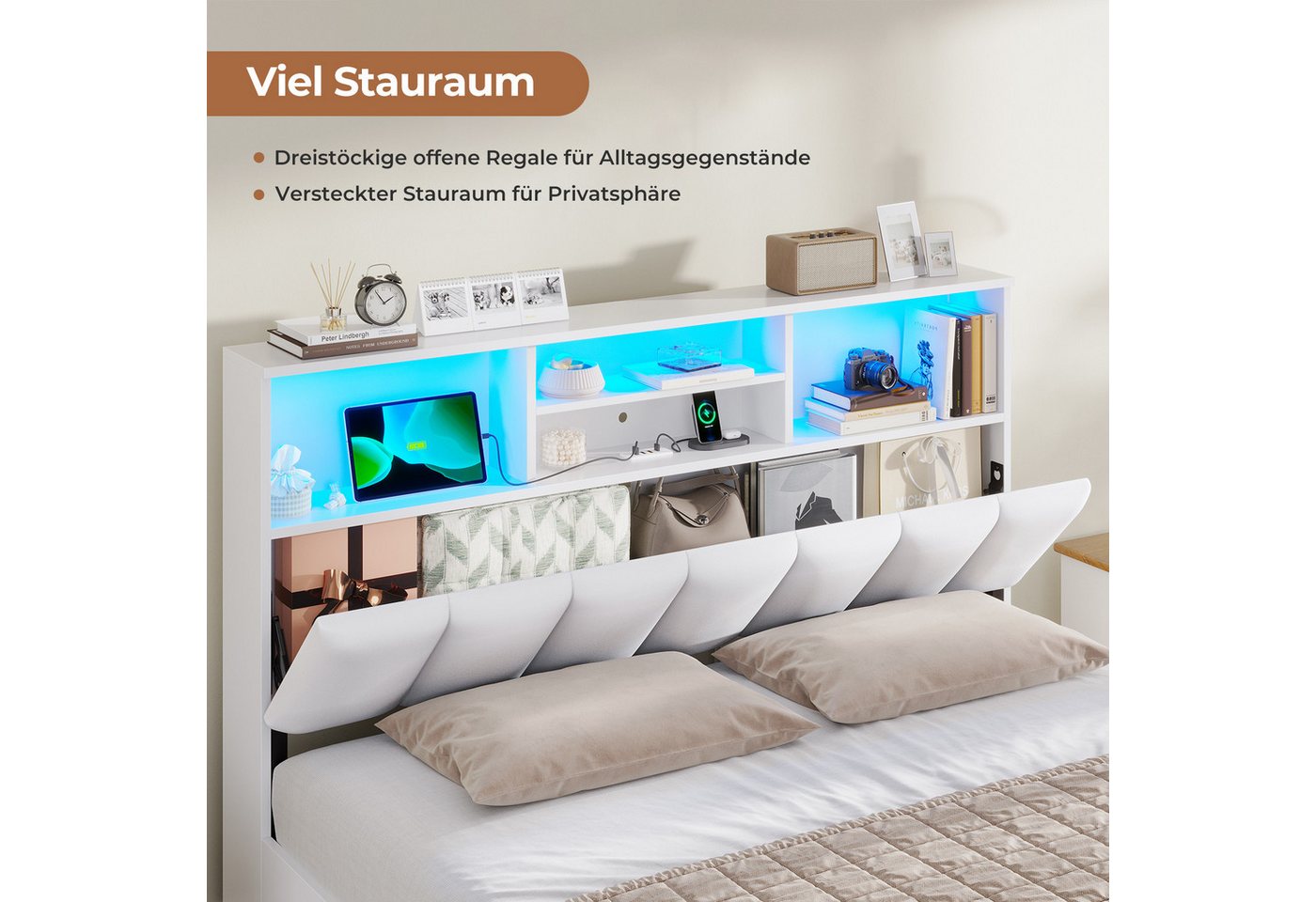 MSMASK Polsterbett Jugendbett, 140×200 cm mit Ladestation und LED-Beleuchtung (Ohne Matratze), Doppelbett mit 4 Schubladen – Bild 4 von 5