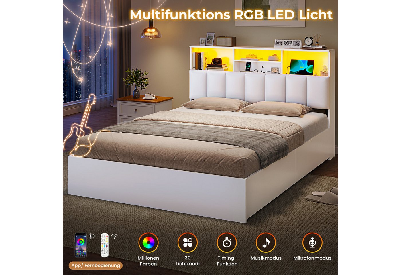 MSMASK Polsterbett Jugendbett, 140×200 cm mit Ladestation und LED-Beleuchtung (Ohne Matratze), Doppelbett mit 4 Schubladen – Bild 5 von 5