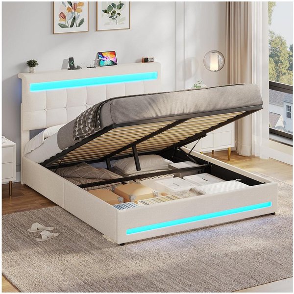 MSMASK Polsterbett Jugendbett mit LED Beleuchtung und Ladestation, Hydraulisches Bett (Ohne Matratze), mit Höhenverstellbares Kopfteil und Stauraum