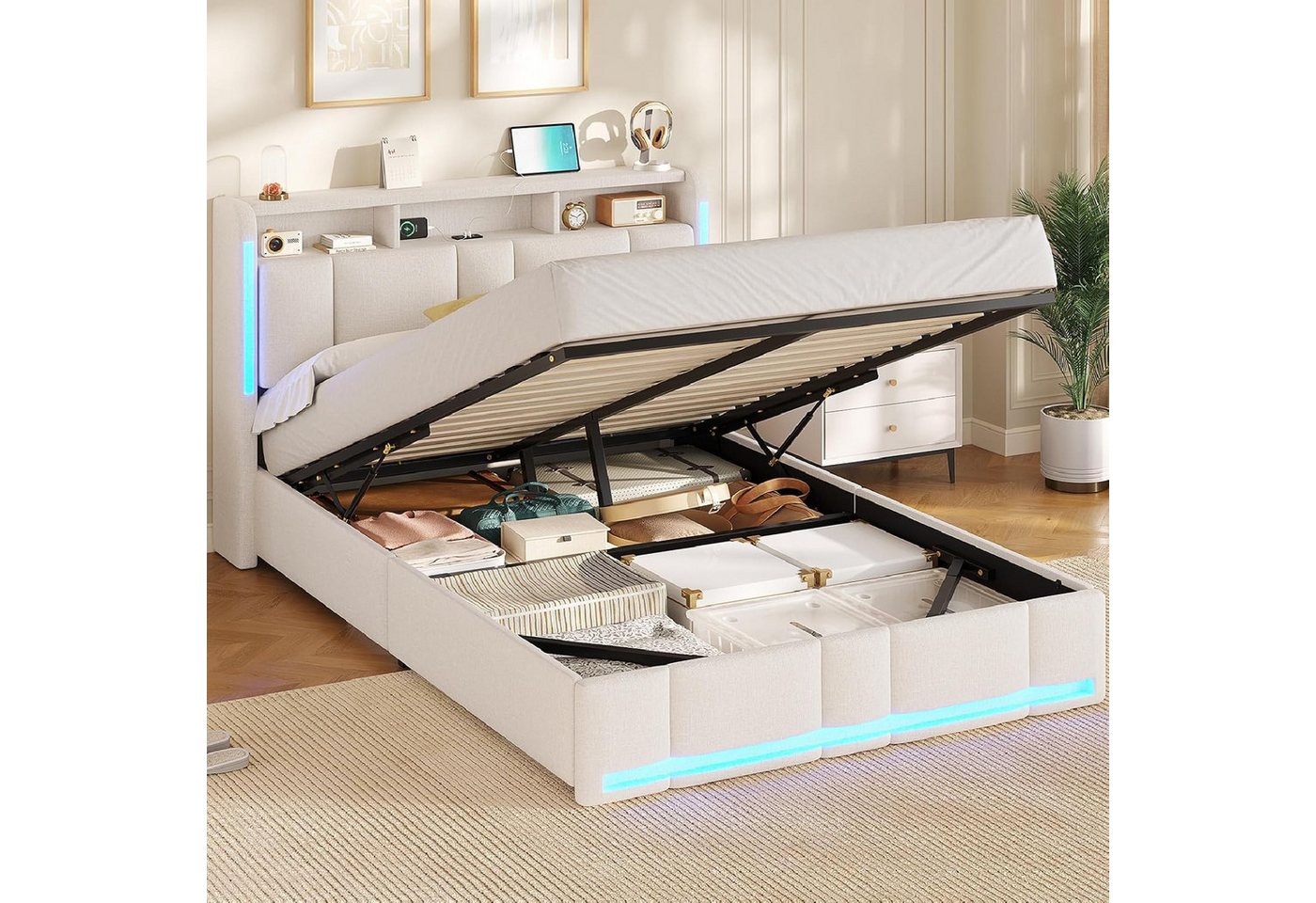 MSMASK Polsterbett mit Steckdosen & LED Beleuchtung, Stauraum und Kopfteil, 150×215 cm, Beige, mit Stauraum & LED Beleuchtung – Bild 2 von 5