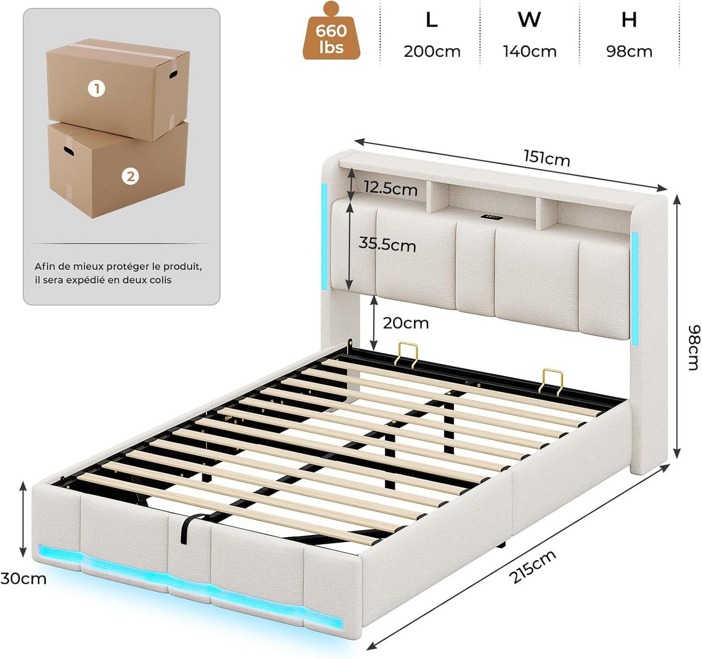 MSMASK Polsterbett mit Steckdosen & LED Beleuchtung, Stauraum und Kopfteil, 150×215 cm, Beige, mit Stauraum & LED Beleuchtung – Bild 3 von 5