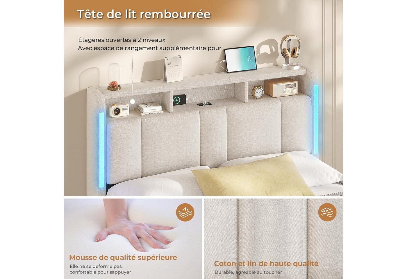 MSMASK Polsterbett mit Steckdosen & LED Beleuchtung, Stauraum und Kopfteil, 150×215 cm, Beige, mit Stauraum & LED Beleuchtung – Bild 5 von 5