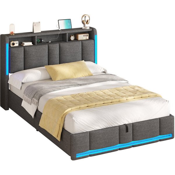 MSMASK Polsterbett mit Steckdosen & LED Beleuchtung, Stauraum und Kopfteil, 150×205 cm, Dunkelgrau, mit Stauraum & LED Beleuchtung