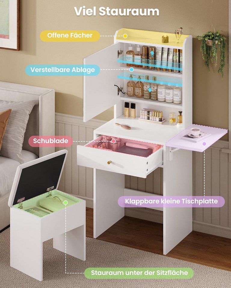 MSMASK Schminktisch mit Beleuchtung, 3 Farben, Einstellbare Helligkeit (Schminktisch Klein mit Hocker), Weiß – Bild 4 von 5