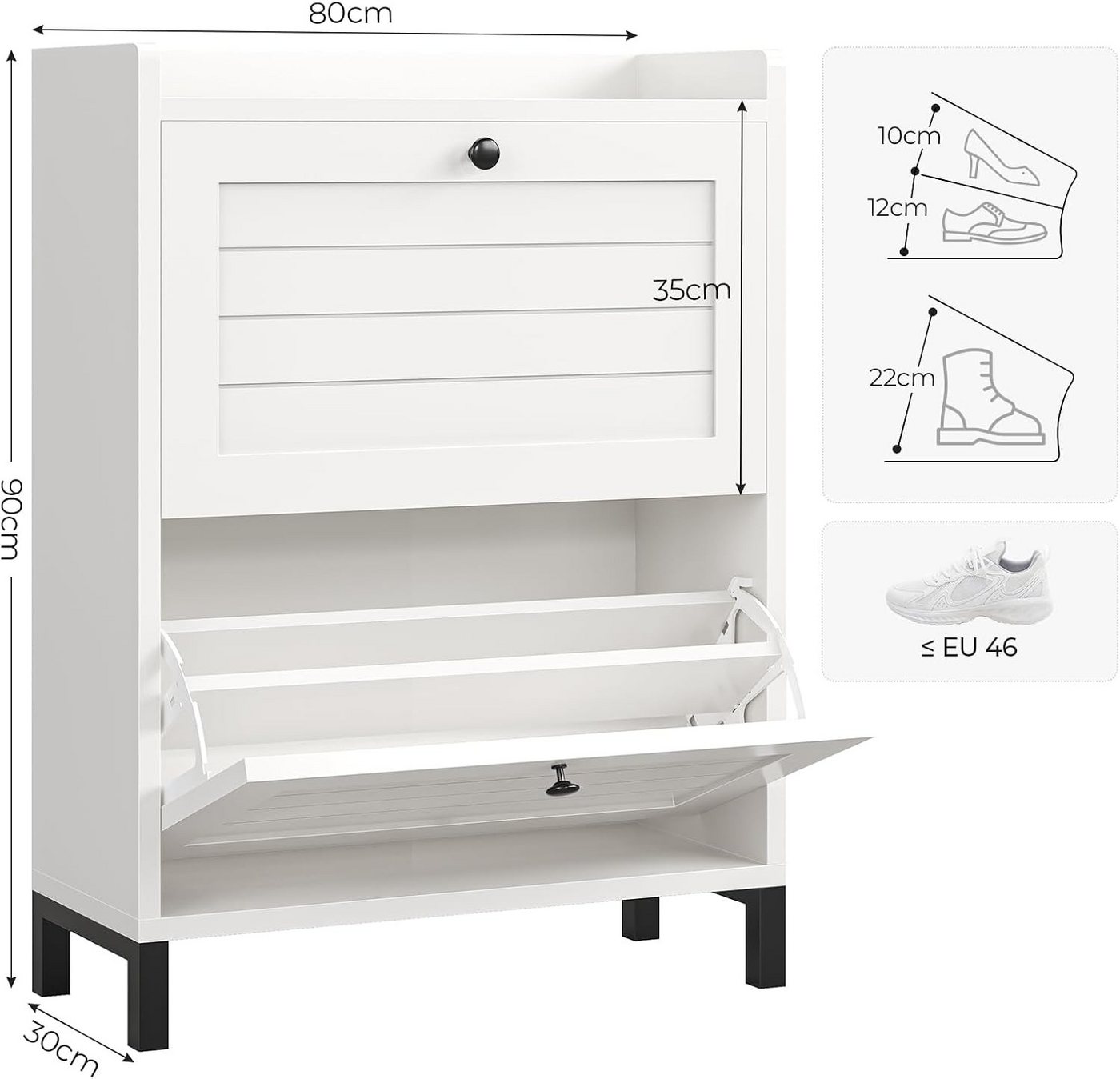 MSMASK Schuhschrank mit 2 Klappen, Verstellbare Böden für Flur, Eingangsbereich, Weiß (1-St) 30T x 80B x 90H cm, Weiß, Verstellbare Trennwände – Bild 2 von 5