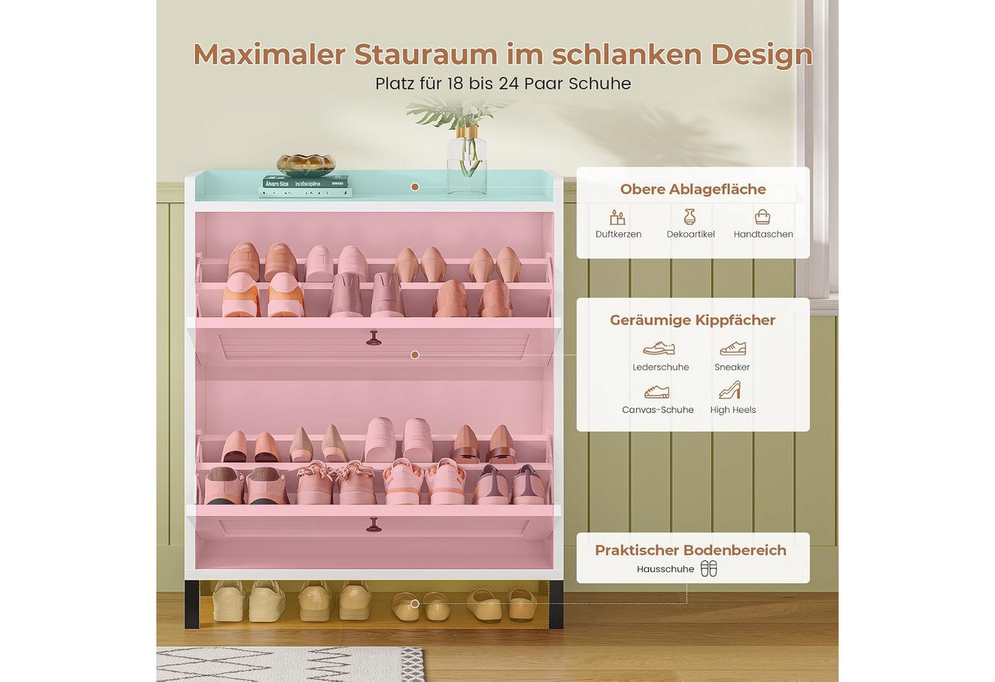MSMASK Schuhschrank mit 2 Klappen, Verstellbare Böden für Flur, Eingangsbereich, Weiß (1-St) 30T x 80B x 90H cm, Weiß, Verstellbare Trennwände – Bild 3 von 5