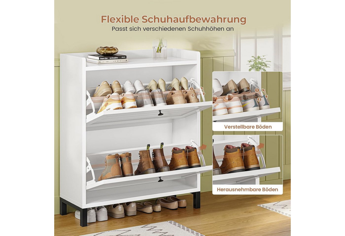 MSMASK Schuhschrank mit 2 Klappen, Verstellbare Böden für Flur, Eingangsbereich, Weiß (1-St) 30T x 80B x 90H cm, Weiß, Verstellbare Trennwände – Bild 4 von 5