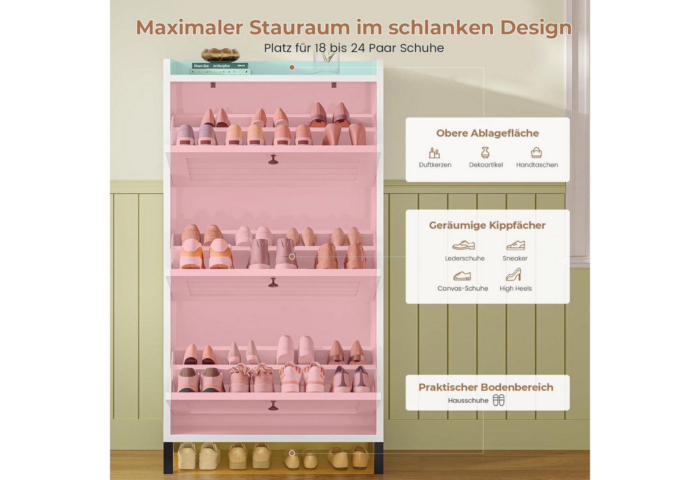 MSMASK Schuhschrank mit 2 Klappen, Verstellbare Böden für Flur, Eingangsbereich, Weiß (1-St) 30T x 60B x 126H cm, Weiß, Verstellbare Trennwände – Bild 3 von 5