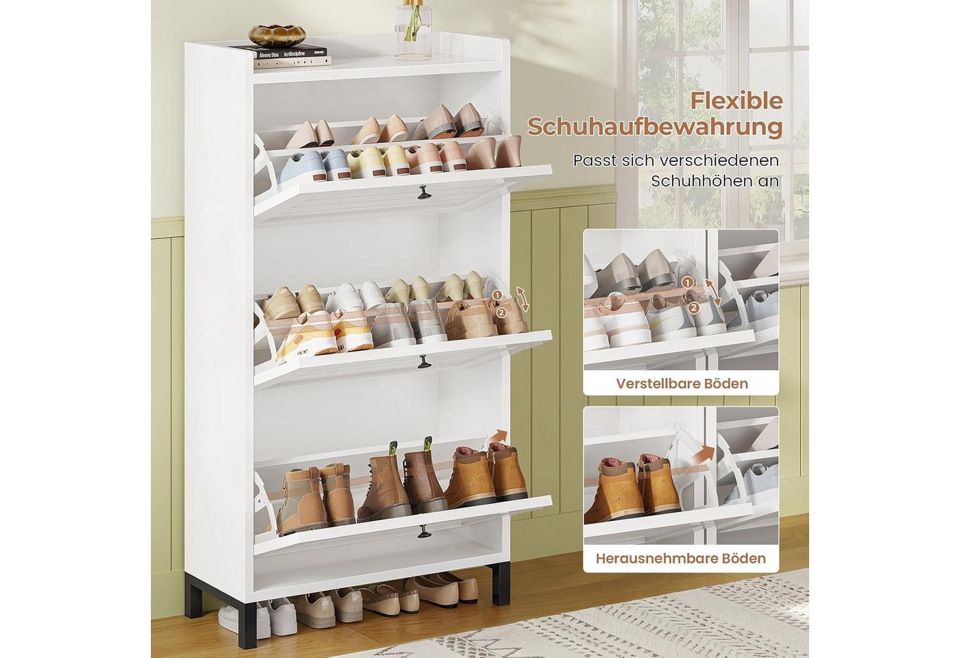 MSMASK Schuhschrank mit 2 Klappen, Verstellbare Böden für Flur, Eingangsbereich, Weiß (1-St) 30T x 60B x 126H cm, Weiß, Verstellbare Trennwände – Bild 4 von 5