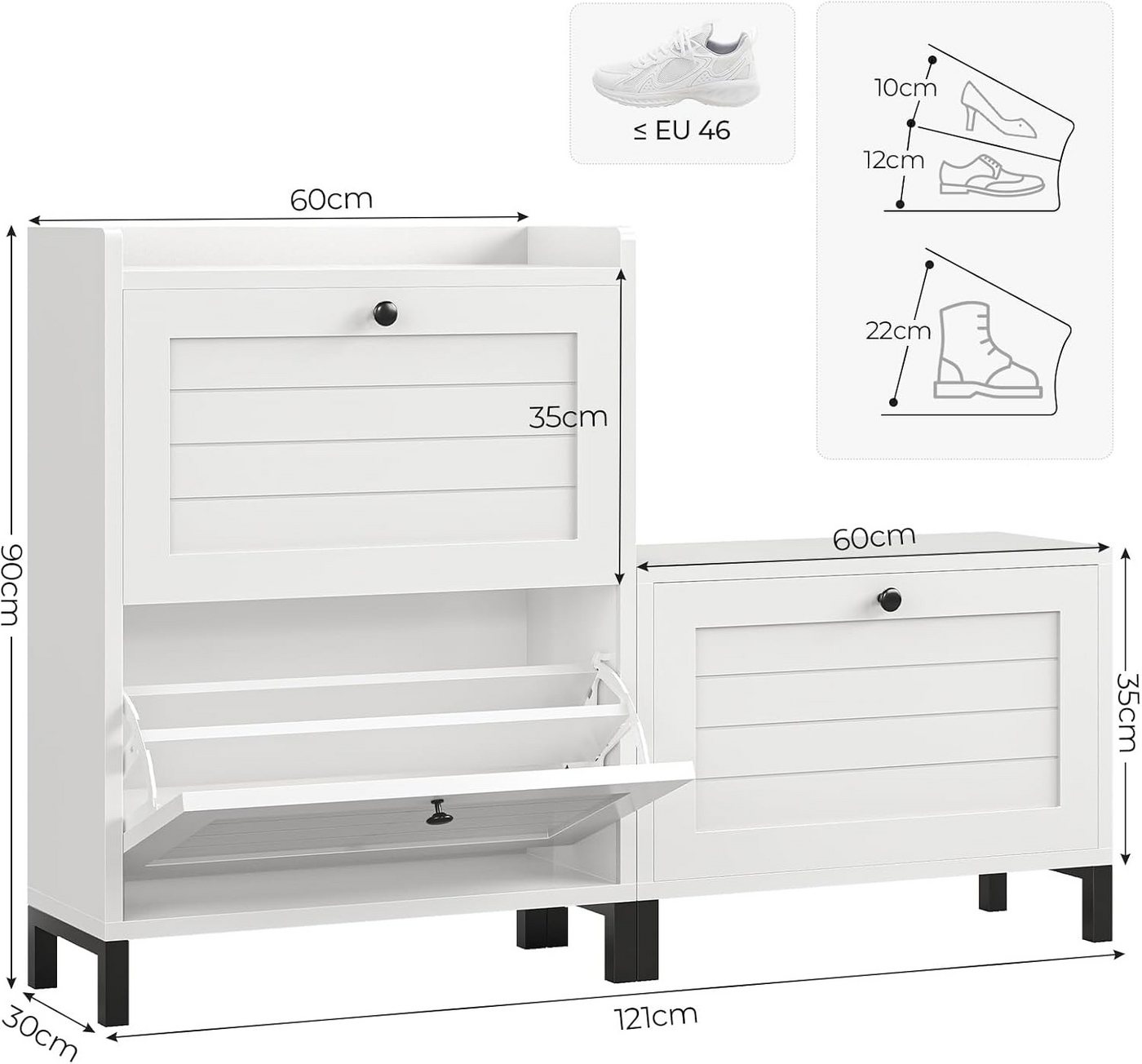MSMASK Schuhschrank mit Sitzbank, 3 Klappen und Verstellbare Böden für Flur, Weiß (1-St) 121x30x90cm, Weiß, Verstellbare Trennwände – Bild 2 von 5