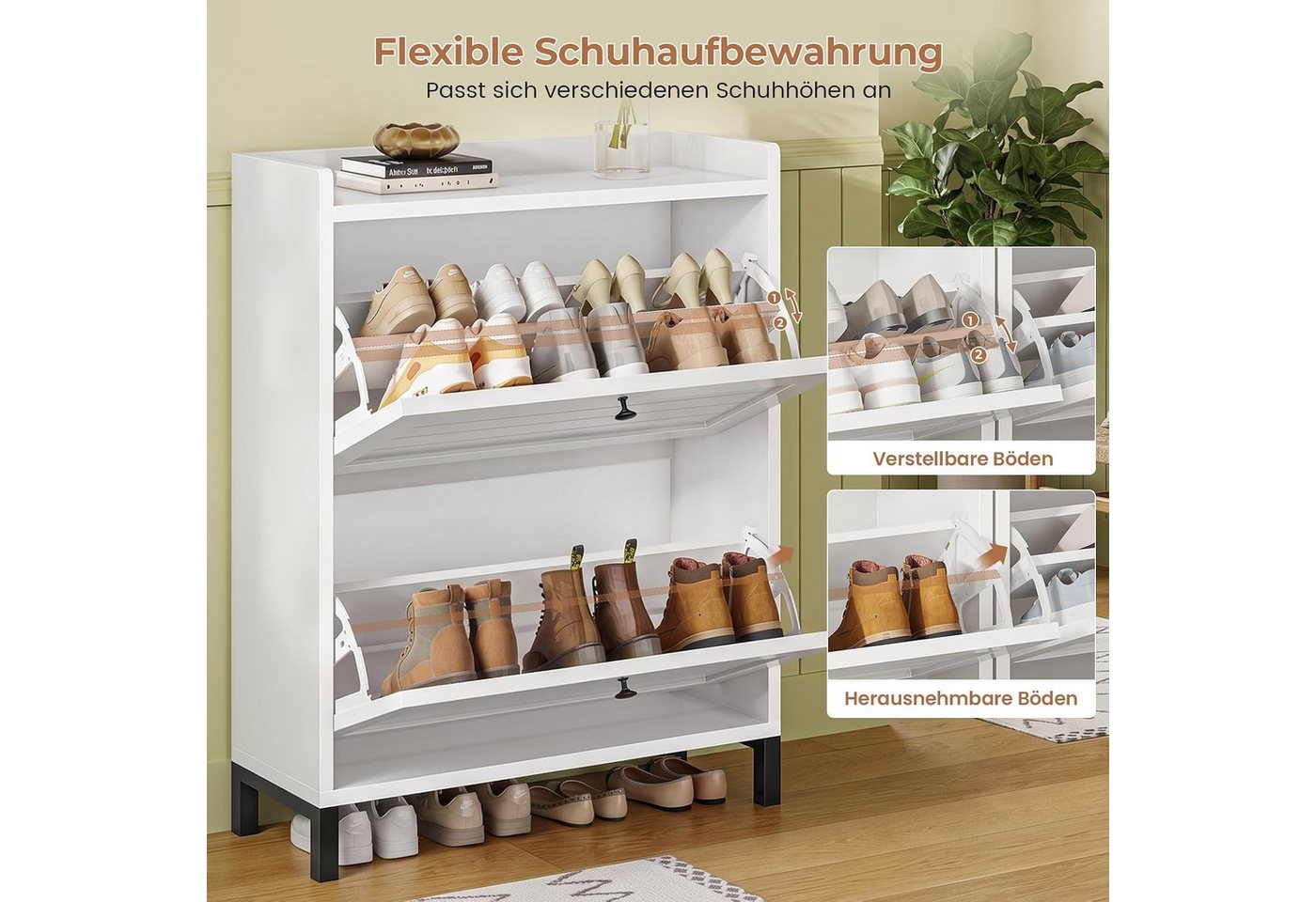 MSMASK Schuhschrank mit Sitzbank, 3 Klappen und Verstellbare Böden für Flur, Weiß (1-St) 121x30x90cm, Weiß, Verstellbare Trennwände – Bild 4 von 5