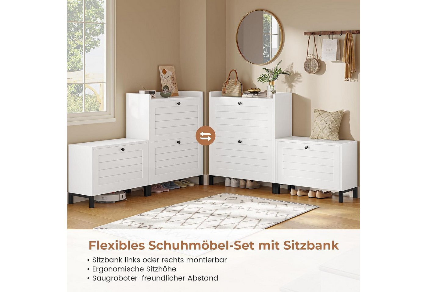 MSMASK Schuhschrank mit Sitzbank, 3 Klappen und Verstellbare Böden für Flur, Weiß (1-St) 121x30x90cm, Weiß, Verstellbare Trennwände – Bild 5 von 5