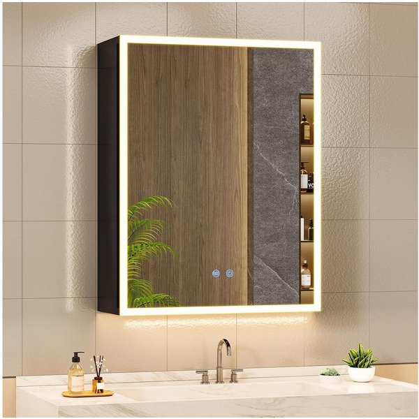 MSMASK Spiegelschrank aus Metall mit LED Beleuchtung und Steckdose, 50x14x70 cm, Schwarz (1-St) Badschrank mit Anti‑Fog, verstellbaren Ablagen, 3 Farbtemperatur