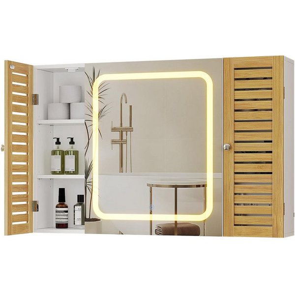 MSMASK Spiegelschrank mit LED-Beleuchtung und Steckdose, Badezimmerschrank (1-St) mit 2 Bambustür & Verstellbarer Ablage, 90×16×60 cm