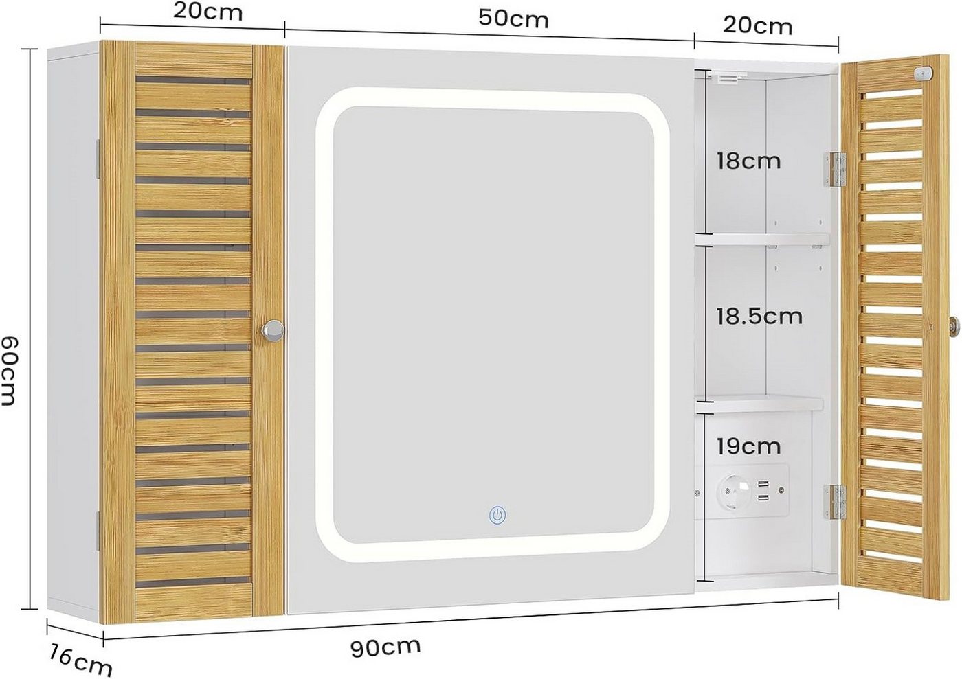 MSMASK Spiegelschrank mit LED-Beleuchtung und Steckdose, Badezimmerschrank (1-St) mit 2 Bambustür & Verstellbarer Ablage, 90×16×60 cm – Bild 2 von 5