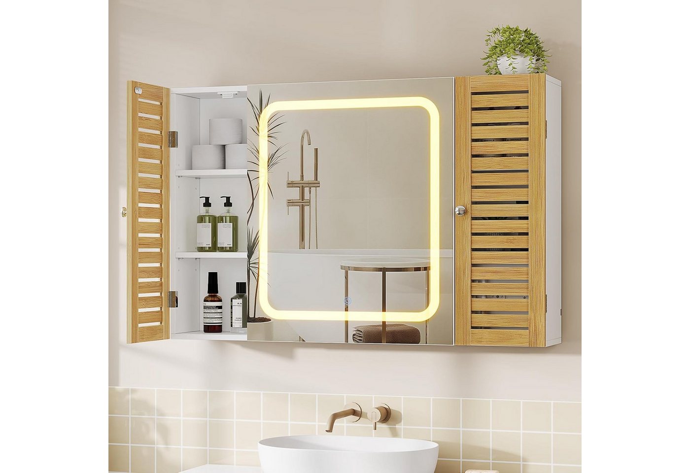 MSMASK Spiegelschrank mit LED-Beleuchtung und Steckdose, Badezimmerschrank (1-St) mit 2 Bambustür & Verstellbarer Ablage, 90×16×60 cm – Bild 3 von 5