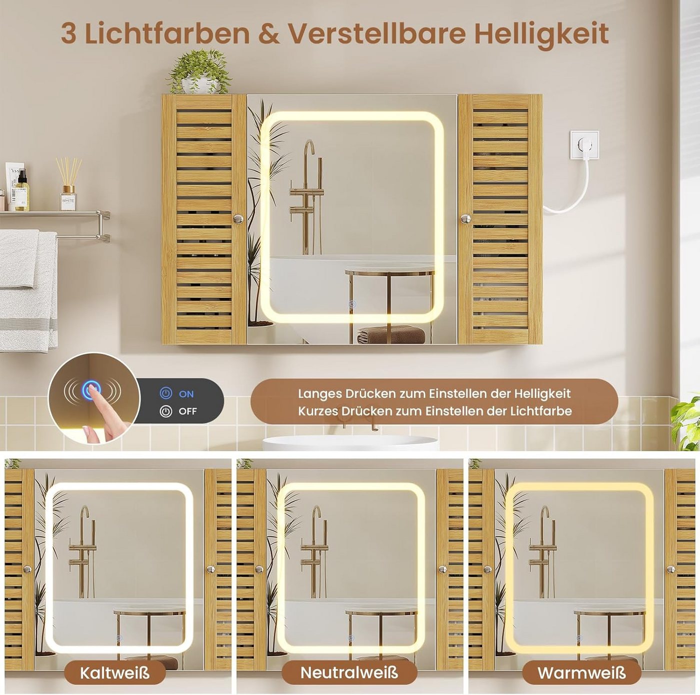 MSMASK Spiegelschrank mit LED-Beleuchtung und Steckdose, Badezimmerschrank (1-St) mit 2 Bambustür & Verstellbarer Ablage, 90×16×60 cm – Bild 5 von 5
