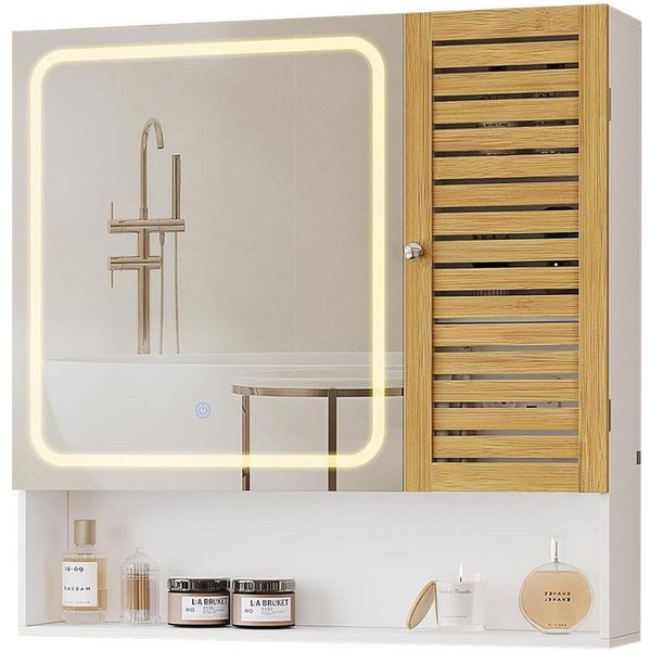 MSMASK Spiegelschrank mit LED-Beleuchtung und Steckdose, Badezimmerschrank (1-St) mit Bambustür & Verstellbarer Ablage, 80×16×77cm