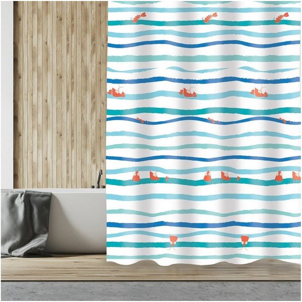 MSV Duschvorhang DEEP OCEAN Breite 180 cm, Textil-Duschvorhang, 100% Polyester, wasserabweisend, Anti-Schimmel-Effekt, waschbar 30°, maritimes Design, Farbe wei