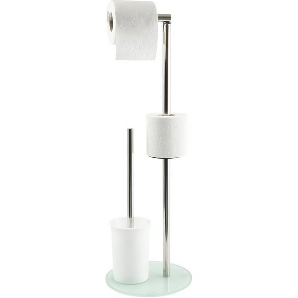 MSV Toilettenpapierhalter BERGAMO, WC Standgarnitur, 3 in 1: Toilettenbürste mit Rollenhalter und Ersatzrollen-Aufbewahrung, Edelstahl, farbiges Glas, 22x60 cm,