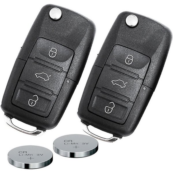 mt-key 2x Auto Schlüssel 3 Tasten Set + 2X Rohling HAA + 2X passende CR2032 Knopfzelle, CR2032 (3 V), für VW SEAT SKODA Funk Fernbedienung