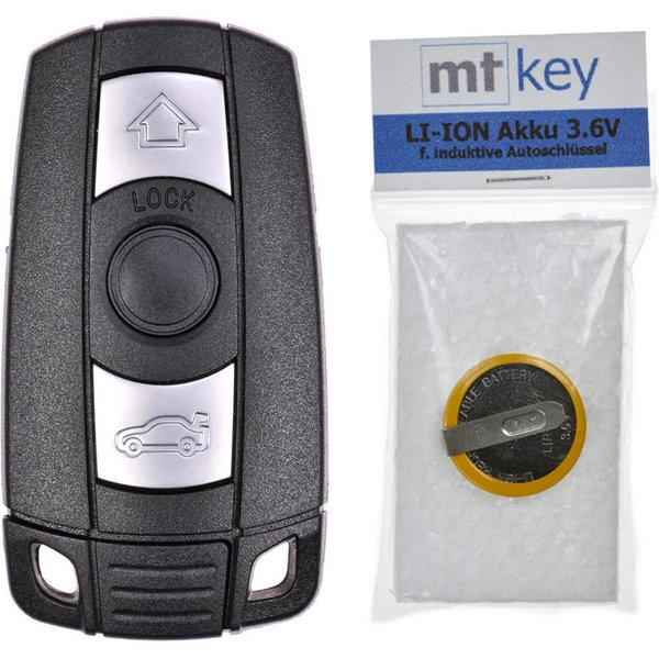 mt-key Auto Schlüssel Smartkey Gehäuse 3 Tasten + Notschlüssel + LIR2025 Knopfzelle, LIR2025 (3,6 V), für BMW E60 E90 E53 E87 E88 E81 E63 E61 E91 Funk Fernbedie