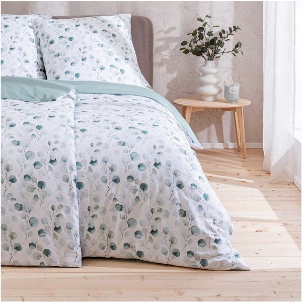 MTOnlinehandel Bettwäsche Eukalyptus, Blumen, Blätter, Zweige 100 % Baumwolle, Mako-Satin, 2 teilig, sanft, weich für Teenager & Erwachsene, Partnerbettwäsche