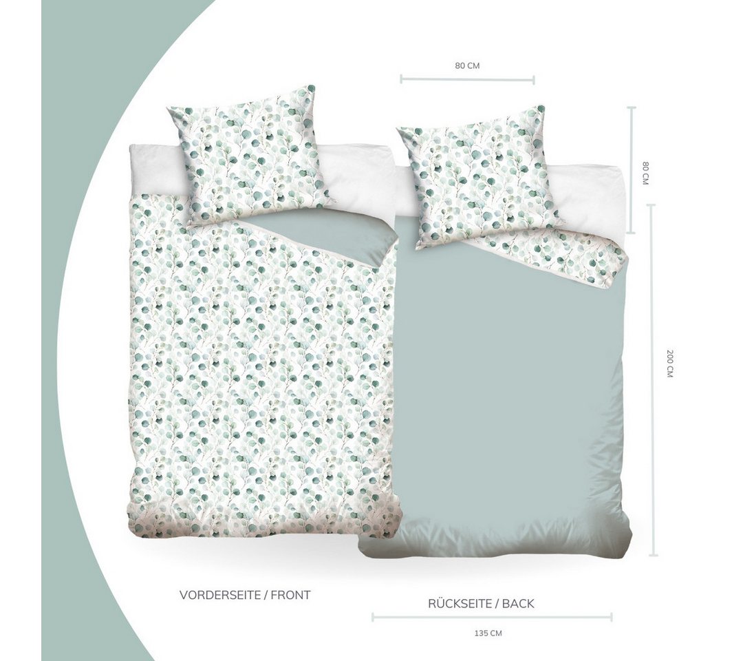 MTOnlinehandel Bettwäsche Eukalyptus, Blumen, Blätter, Zweige 100 % Baumwolle, Mako-Satin, 2 teilig, sanft, weich für Teenager & Erwachsene, Partnerbettwäsche – Bild 4 von 5