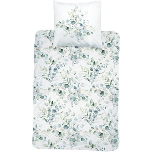 MTOnlinehandel Bettwäsche Eukalyptus, Blumen, Blätter, Zweige 100 % Baumwolle, Mako-Satin, 2 teilig, sanft, weich für Teenager & Erwachsene, Partnerbettwäsche