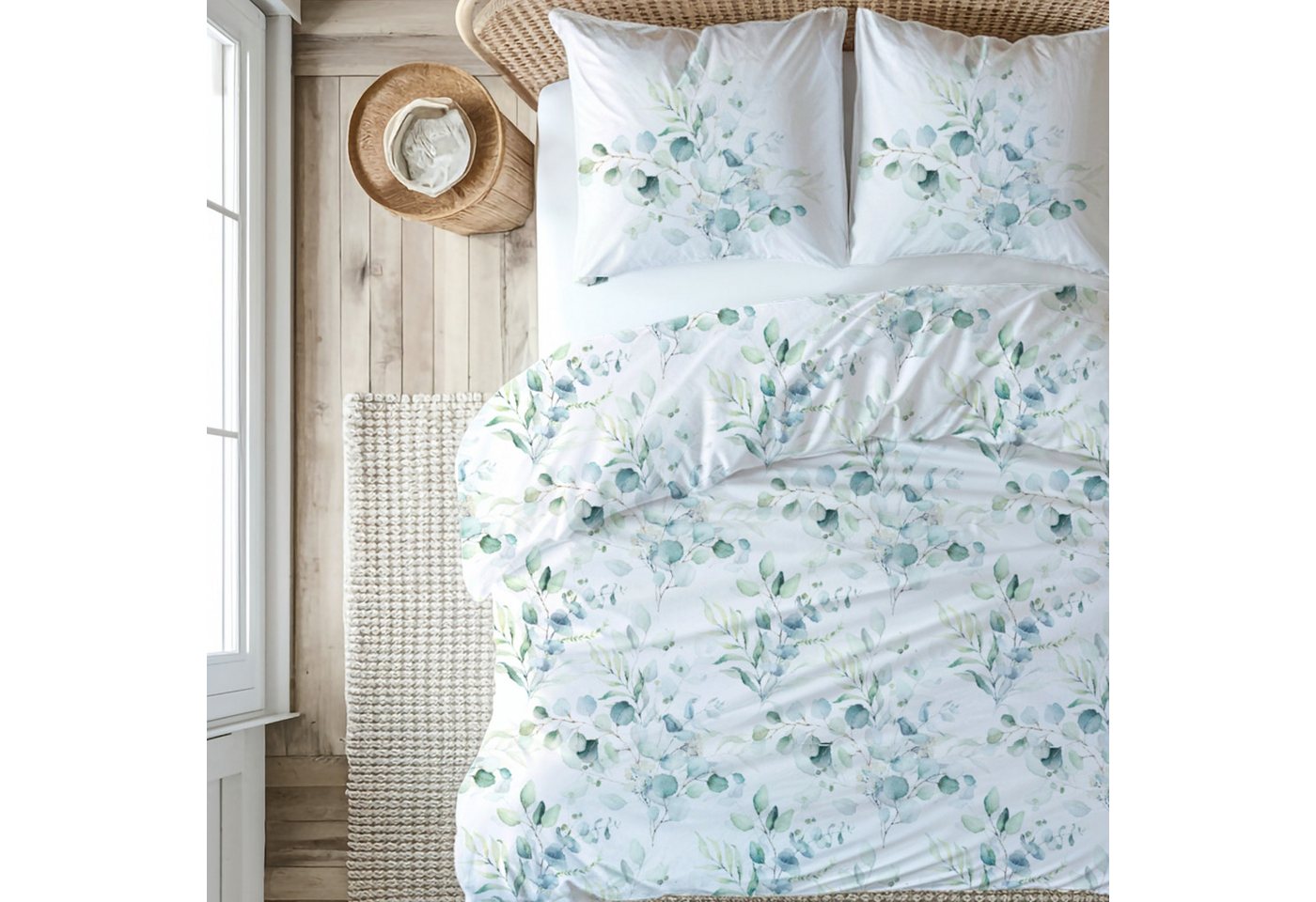 MTOnlinehandel Bettwäsche Eukalyptus, Blumen, Blätter, Zweige 100 % Baumwolle, Mako-Satin, 2 teilig, sanft, weich für Teenager & Erwachsene, Partnerbettwäsche – Bild 2 von 5