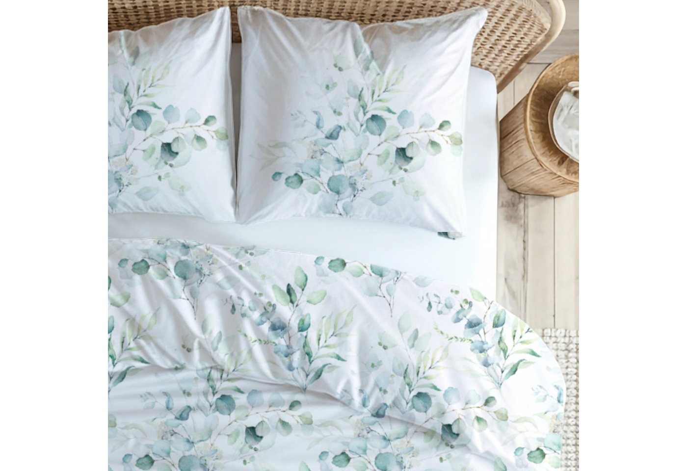 MTOnlinehandel Bettwäsche Eukalyptus, Blumen, Blätter, Zweige 100 % Baumwolle, Mako-Satin, 2 teilig, sanft, weich für Teenager & Erwachsene, Partnerbettwäsche – Bild 3 von 5