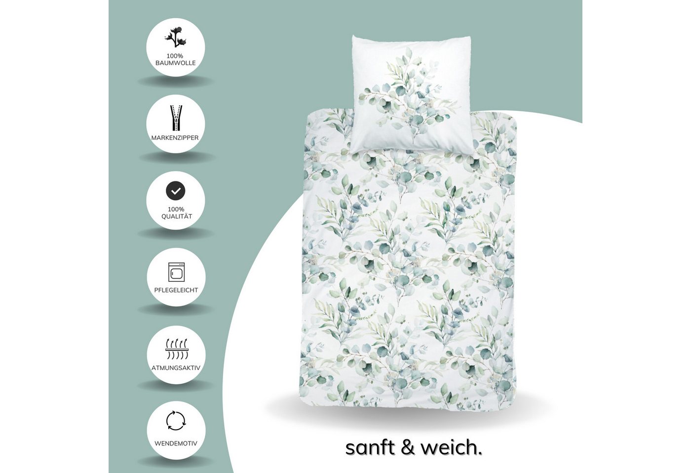MTOnlinehandel Bettwäsche Eukalyptus, Blumen, Blätter, Zweige 100 % Baumwolle, Mako-Satin, 2 teilig, sanft, weich für Teenager & Erwachsene, Partnerbettwäsche – Bild 5 von 5