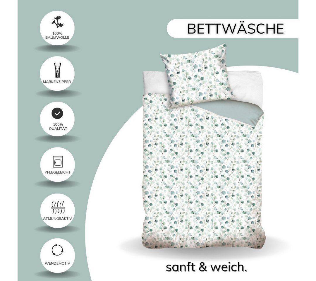 MTOnlinehandel Bettwäsche Eukalyptus, Blumen, Blätter, Zweige 100 % Baumwolle, Mako-Satin, 2 teilig, sanft, weich für Teenager & Erwachsene, Partnerbettwäsche – Bild 3 von 5