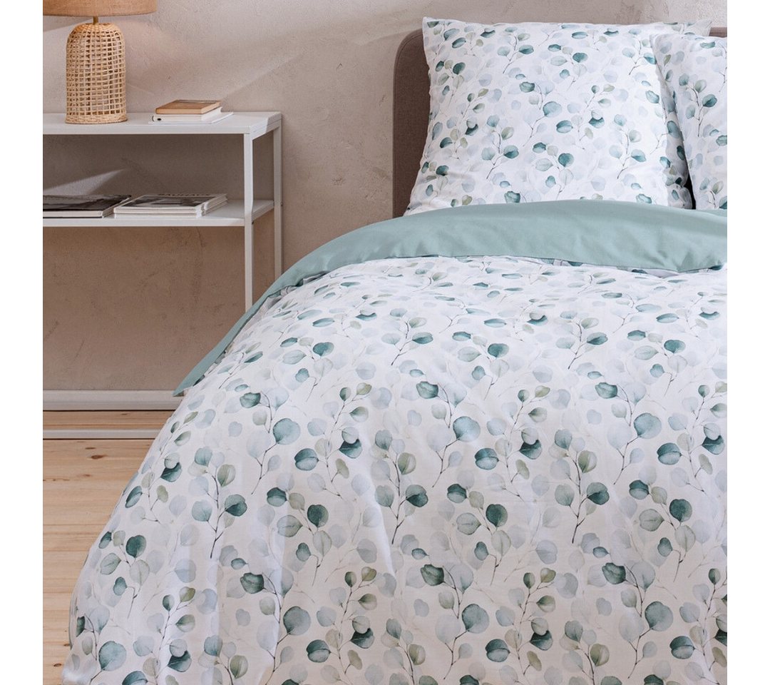 MTOnlinehandel Bettwäsche Eukalyptus, Blumen, Blätter, Zweige 100 % Baumwolle, Mako-Satin, 2 teilig, sanft, weich für Teenager & Erwachsene, Partnerbettwäsche – Bild 5 von 5