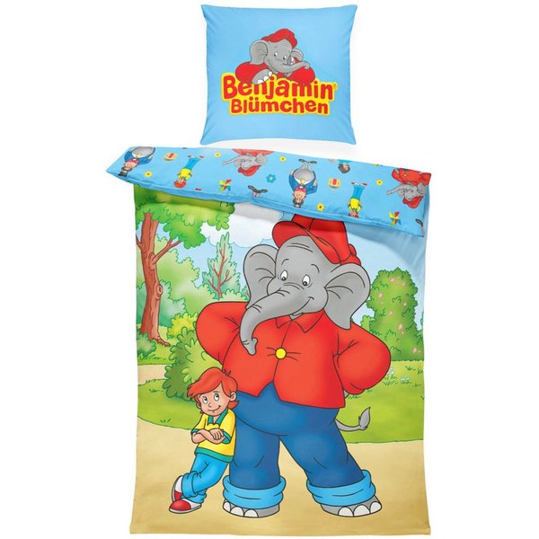 MTOnlinehandel Kinderbettwäsche Benjamin Blümchen 135x200 + 80x80 cm, Renforcé, 100% Baumwolle, 2 teilig, Wende-Motiv mit Benjamin Blümchen & Otto für kleine un