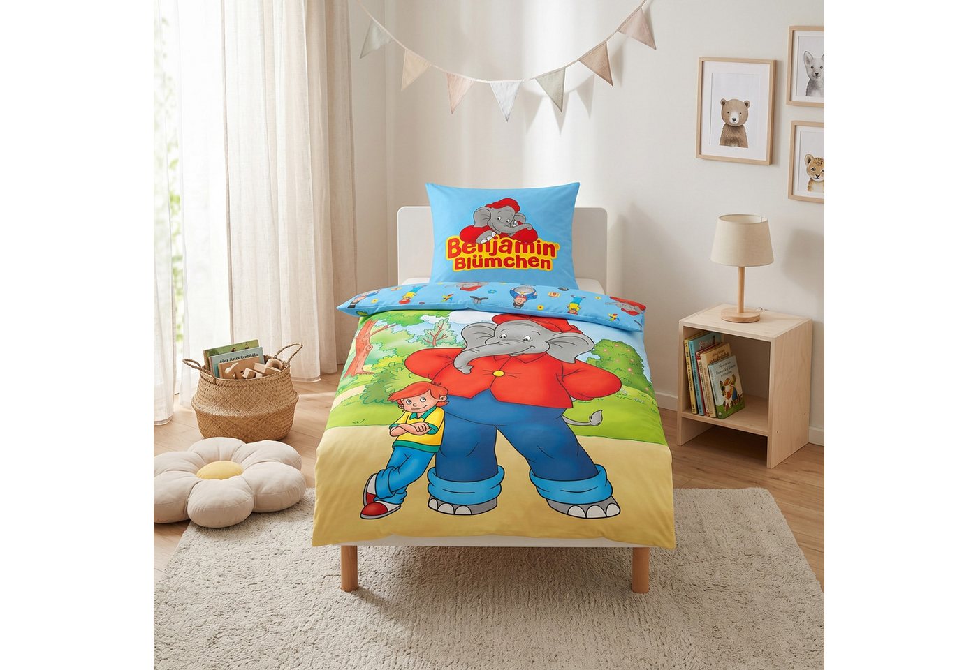 MTOnlinehandel Kinderbettwäsche Benjamin Blümchen 135x200 + 80x80 cm, Renforcé, 100% Baumwolle, 2 teilig, Wende-Motiv mit Benjamin Blümchen & Otto für kleine un – Bild 2 von 5