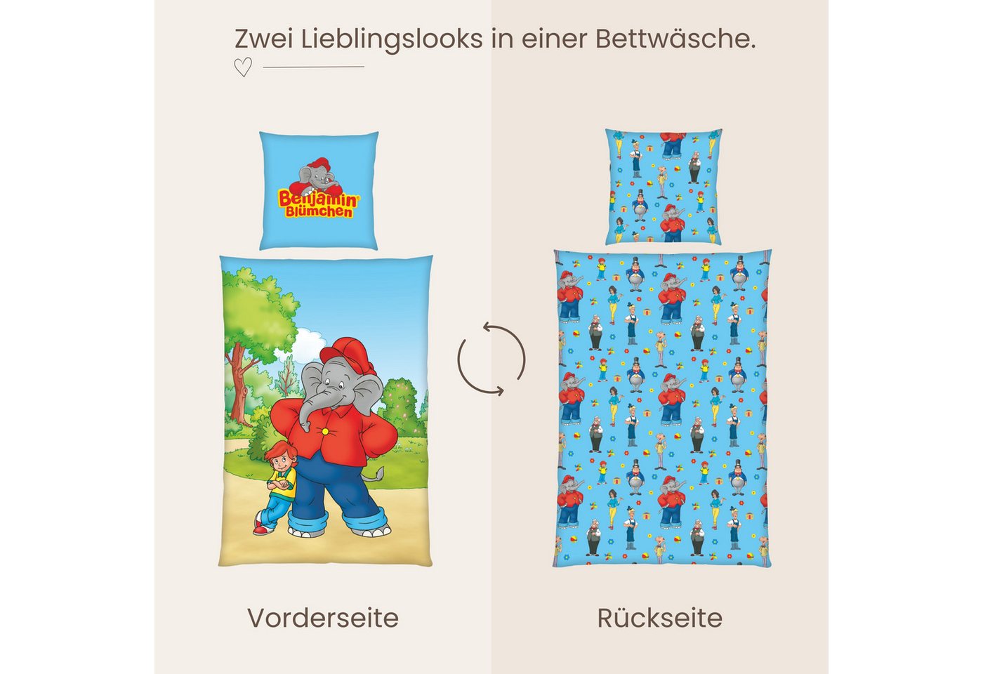 MTOnlinehandel Kinderbettwäsche Benjamin Blümchen 135x200 + 80x80 cm, Renforcé, 100% Baumwolle, 2 teilig, Wende-Motiv mit Benjamin Blümchen & Otto für kleine un – Bild 3 von 5