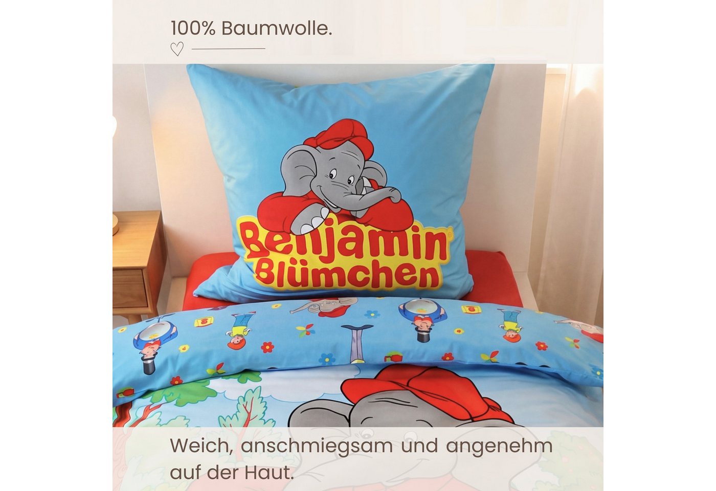MTOnlinehandel Kinderbettwäsche Benjamin Blümchen 135x200 + 80x80 cm, Renforcé, 100% Baumwolle, 2 teilig, Wende-Motiv mit Benjamin Blümchen & Otto für kleine un – Bild 4 von 5