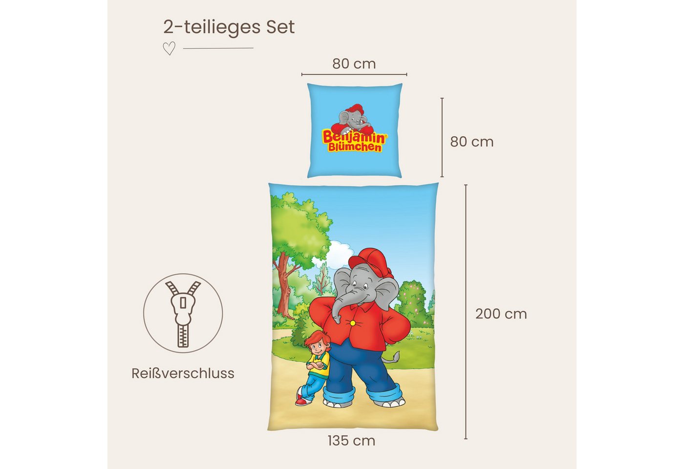 MTOnlinehandel Kinderbettwäsche Benjamin Blümchen 135x200 + 80x80 cm, Renforcé, 100% Baumwolle, 2 teilig, Wende-Motiv mit Benjamin Blümchen & Otto für kleine un – Bild 5 von 5