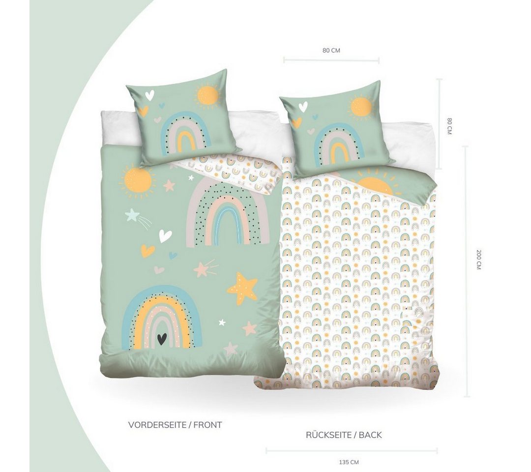 MTOnlinehandel Kinderbettwäsche Regenbogen, Sterne & Sonne 135x200 + 80x80 cm, 100 % Baumwolle, Satin, 2 teilig, mit YKK Reißverschluss · sanft, weich für Mädch – Bild 3 von 5