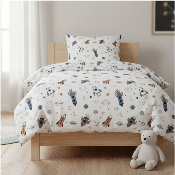 MTOnlinehandel Kinderbettwäsche Space Weltall-Abenteuer 135x200 + 80x80 cm in Renforcé, Rakete, 100% Baumwolle, 2 teilig, Galaxis • Weltall • Blau • Weiß • Beig
