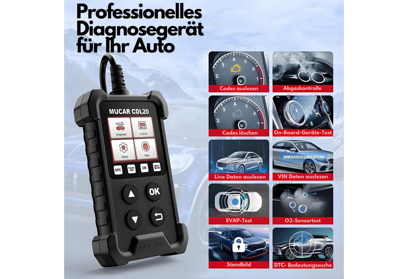 MUCAR Kfz-Diagnosegerät OBD2-Diagnosegerät OBD2 Profi KFZ Diagnosegerät Auto Auslesegerät, Auto Diagnosetester, KfZ Diagnosegerät, Live Parameter, Fehlercodes – Bild 2 von 5